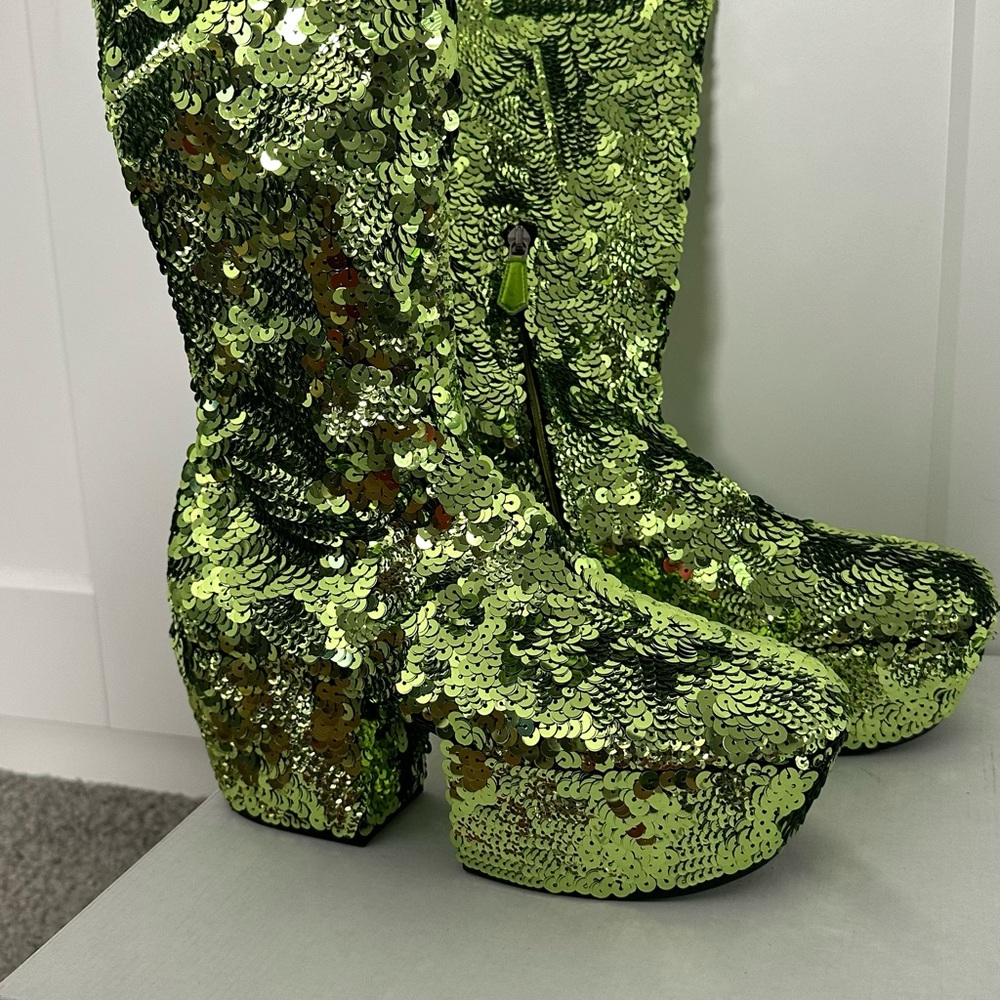 Prada Green Sequined Platform Boots - Picture 6 of 12